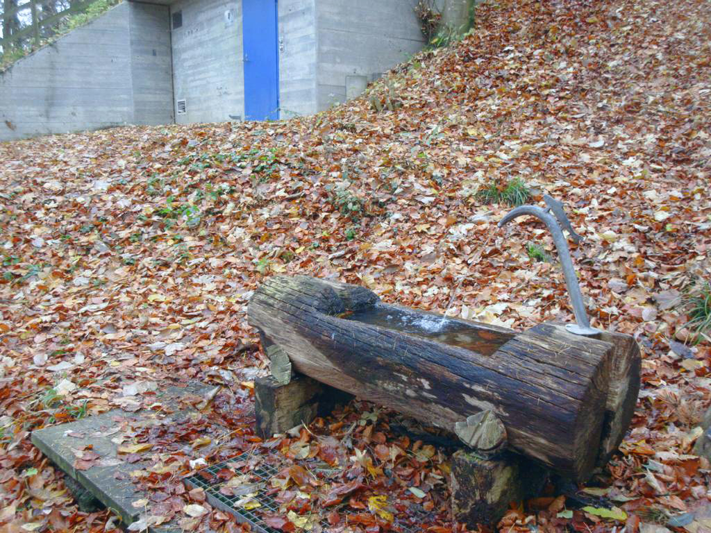 Hurbig *** o.J. *** Holz *** Stahl (Fisch auf Röhre) *** Brunnen neben Reservoir Hurbig (1968, renoviert 2008); Trinkwassernetz